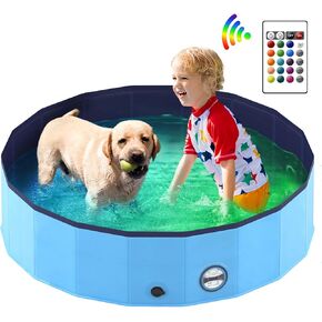 Heeyoo Foldable Dog Pool with RGB LED Light, Collapsible Dog Swimming Pool with Remote and Built-in Color Changing LED Light, Hard Plastic Dog Pet Bathtub, Portable PVC Wading Pool for Kiddie and Dogs