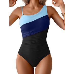 Women One Piece Swimsuit for Women One Shulder Tummy Control Bathing Suits Color Block Slimming Swimwear