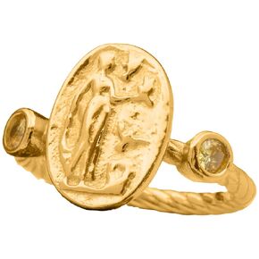 Venus Aphrodite Signet Ring 24K Gold Vermeil 925 Sterling Silver Rope Twist Ring Greek Ancient Coin Ring Handemade Women Pinky Ring Diomand Cut Cubic 3mm Zirconia Ring (Champagne, 7)