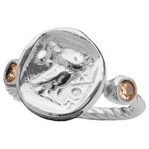 Athen's Owl Signet Ring 925 Sterling Silver Rope Twist Ring Anti-Tarnish Greek Ancient Coin Silver Ring Handemade Women Pinky Ring Gift Diomand Cut Cubic 3mm Zirconia Ring (Champagne, 7)