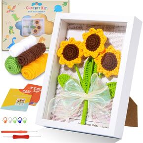 Juangfia Crochet Kit for Beginners, DIY Sunflower with Display Frame & Step-by-Step Video Tutorials, Complete Starter Set for Adults, Teens, Kids, Craft Gift for Birthdays & Mother's Day (Sunflower)