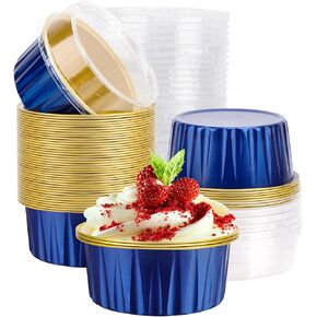 EUSOAR Disposable Ramekins with Lids, Royal Blue 50pcs 5oz Creme Brulee Ramekins Disposable, Muffin Liners Cups，Mini Cheesecake Foil Pans Dessert Containers with Lids for Party Favor Birthday