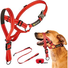 Dog Headcollar with Leash and Safety Strap Stops Heavy Pulling On The Leash Padded Reflective Head Halter for Small Medium Large Dogs Adjustable Head Harness for Training and Walking, (L, RED)