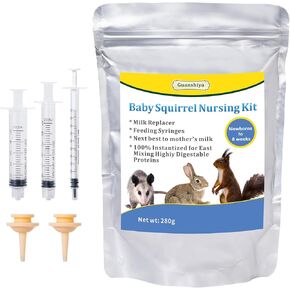 Baby Squirrel Feeding Kit,280 g Milk Replacer for Squirrel, Rabbit, Opossum, with Feeding Syringes,100% Instantized for Mixing Digestible Proteins