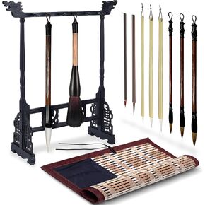 SABLUE Japanese Chinese Calligraphy Brush Set - Includes 10 Brushes, Roll-Up Bamboo Brush Holder and Brush Stand, Perfect for Calligraphy, Sumi Painting, and Creative Art Projects S0048