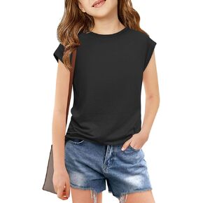 Haloumoning Girls Cap Sleeve T Shirts Kids Summer Crewneck Solid Tops Tees 5-14 Years