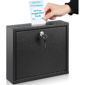 KYODOLED Suggestion Box with Lock and Slot, Small Locking Mailbox for Office, Safe Key Drop Box for Money, Wall Mount Donation Box Ballot Box with 50 Free Suggestion Cards,9.8" W x 3" D x 7" H, Black