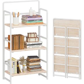 4NM No-Assembly 3 Tiers Folding Bookshelf Storage Shelves Vintage Bookcase Standing Racks Study Organizer Home Office (Natural and White)