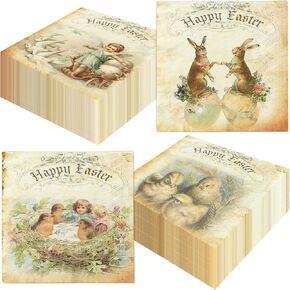 Vintage Easter Paper Napkins Easter Bunny Party Decoration Religious Chick Easter Egg Themed Napkins Happy Easter Garland for Spring Picnic Bunny Party Easter Holiday Party Supplies