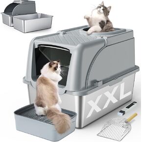 Stainless Steel Cat Litter Box, XXL Large Metal Cat Litter Box, Dual Entrance Detachable Cat Litter Box with Lid, 16.6'' High Wall Urine Leak Prevention with Cat Litter Scoop (Gray)