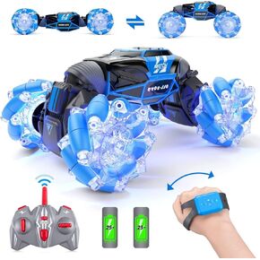 Powerextra LED Remote Control Car, 4WD 2.4GHz Gesture Sensing Rc Stunt Car, Double Sided 360°Rotating Transform Off Road Car with Light, Toy Cars for 6-12 Year Old Boys & Girls - Red
