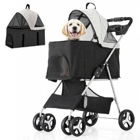 MoNiBloom 3 in 1 Foldable Pet Stroller for Small & Medium Dogs, Detachable Carrier, Car Seat, Push Button Entry, 4-Wheel Jogger for Pets up to 33 lbs, Black