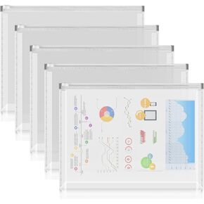 FYY 5PCS Plastic Envelopes, A4 Letter Size Poly Zip Envelopes File Folders, Translucent Expanding Document Wallet Pouch with Zipper for School and Office Supplies, 12.8 x 9.4 Inches, Clear