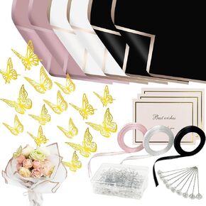 HOMJOY 195 Pcs Valentines Flower Bouquet Wrapping Paper Kit, 60 Sheets 3 Colors Gold Edge Waterproof Floral Paper, 12 Gold Butterflies, 20 Gift Cards, 100 Flower Pins, 3 Rolls Ribbon for Gift Wrapping