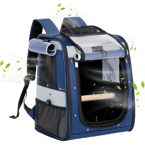 Petsfit Bird Carrier with Anti-Pecking Band,Bird Backpack Carrier with 2 Level Height to Adjust Standing Perch and Shade Cover Blue