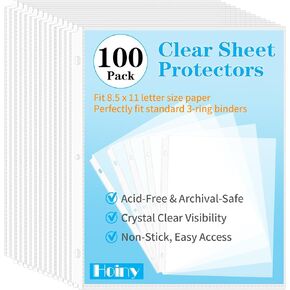 100 Pack Clear Sheet Protectors 8.5 x 11 Inch, Letter Size Page Protectors for 3 Ring Binder, Premium Polypropylene, Reinforced Holes, Acid Free, Top Loading for Documents, Paper, Photos