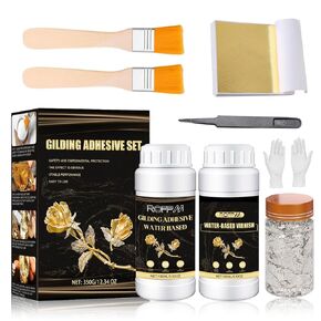 Gilding Adhesive Set Gold Leaf Sheets for Art 100ml Water Based Metal Leaf Glue and 100ml Varnish, Gold Foil Sheets for Crafts 100 pcs, 2 Brushes and 1 Sheet Tweezers