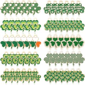 Shamrock Charms, 60Pcs St. Patrick's Day Shamrock Charms for Jewelry Making, Assorted Green Shamrock Gold Enamel Pendant for Bracelet Necklace Earrings Making DIY Crafts