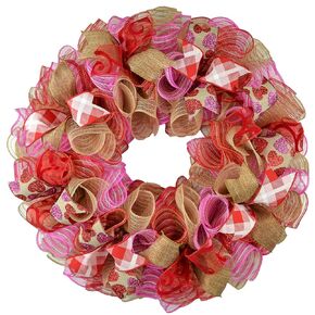 Valentine's Day Wreath | Sweetheart Mesh Front Door Outdoor Wreath; Red Pink Burlap Jute Rustic V3