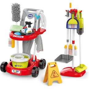 Kids Cleaning Set for Toddlers Pretend Play Housekeeping Supplies Kits with Real Working Vacuum Cleaner, Broom, Spray Bottle, Dust Pan and More Role Play Educational Toys for Toddler Boys Girls (Red)