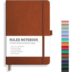 RETTACY Journaling Notebooks, A5 Lined Journal Notebook with 192 Numbered Pages, 5.7'' × 8.3'' Medium Size, for Writing, Work, Office, Leather Hardcover, 100 GSM Thick Paper (Brown)