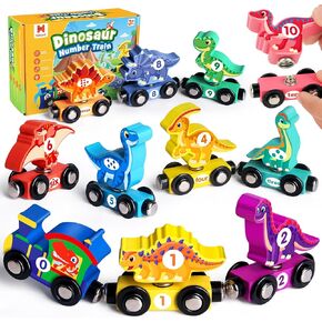 Wooden Dinosaur Train Set, Magnetic Dinosaur Toys and Number Train for Toddlers, Educational Montessori Toy for Counting and Motor Skills, for 3-5 Year Old Boys Girls