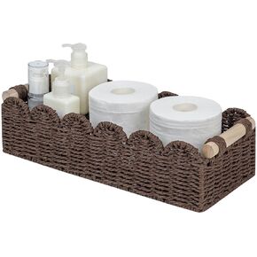 CubesLand Paper Rope Small Basket Bin Idea for Toilet&Home Storage and Organization, Stylish&Handmade Toilet Paper Basket with Wood Handle for Toilet Tank Top Shelves, Scalloped Edge Brown Basket