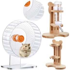 2 Pcs 9" Transparent Adjustable Silent Hamster Exercise Wheels and Hamster Water Bottle Set Guinea Pig Running Wheels with Stand Water Dispenser Stand Holder for Guinea Pig Small Animal
