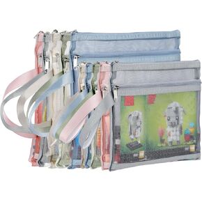 10 Pack Colored Double-Layer Mesh Zipper Pouch Bags, Nylon Building Block Sets Toy Storage & Organization, Breathable See Through (5Pcs A4+5Pcs A5) Pouch with Handle for School Office Games