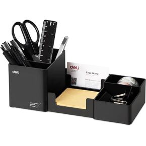 deli Desk Organizer, Plastic Desktop Organizer with Pencil Holder and Sticky Note Tray, Office Stationery Supplies Organizers Accessories Caddy, 6 Compartments, Black