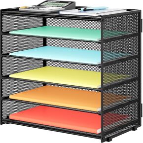 6-Tier Paper Organizer for Desk, Metal Mesh Desk Paper Organizer Tray, Letter Tray Desk Organizer, Desk File Organizer for Classroom, School, Office Organization and Storage - Black