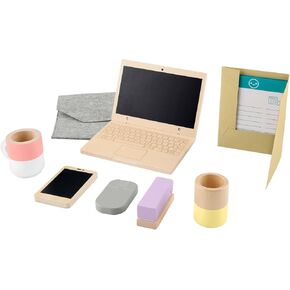 Fisher-Price Preschool Toy Wooden Work from Home 9-Piece Office Set with Wood Laptop & Phone for Pretend Play Kids Ages 3+ Years