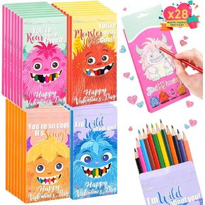 MOVINPE Valentines Day Gifts for Kids Classroom - 28 Pack Pre-Sharpened Color Pencils Set Valentines Exchange Gifts, School Class Prizes Monster Themed 12 Assorted Colors 336 Count