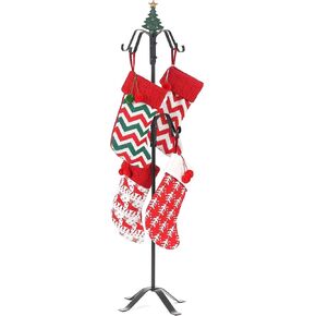 Freestanding Stocking Holder, Christmas Stocking Stand for Floor with 8 Stocking Hooks, Stocking Hangers and Christmas Stocking Holder with Cast Iron Christmas Tree Top for Modern Christmas Decor