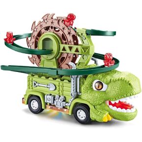 2 in 1 Dinosaur Slide Toy Set, Triceratops Sliding Track Toy Set Tyrannosaurus Automatic Slide Down Toy Dinosaur Truck Toy Dino Ferris Wheel Toy Dino Race Track Toy (Tyrannosaurus)