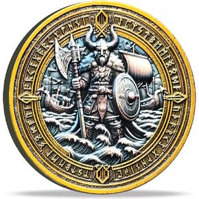 Viking Warrior and Mjölnir Challenge Coin - Intricate Norse Mythology Design with Runic Inscriptions ﻿