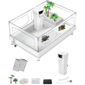 Small Turtle Tank with Filter, Turtle Aquarium, Acrylic Turtle Terrarium with Basking Platform, Bottom Drainage, Multi-Function Areas for Turtles, Crayfish, Small Reptiles.(Tank+Filter)