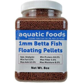 Aquatic Foods Inc. 1mm - 1/32" Floating Pellets for Bettas, Siamese Fighting Fish, Guppies, Tetras, Live Bearers, Baby Koi, All Smaller Tropical and Pond Fish...WL 8oz Sm Jar