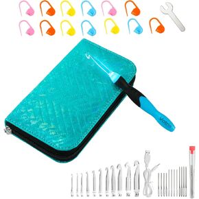 Votris Light Up Crochet Hooks - Crochet Kit for Beginners, Ergonomic Soft Grip, Rechargeable Light, 11 Interchangeable Heads - Ideal Crochet Set for Crocheting Yarn, Arthritic Hands, Crafting Delight