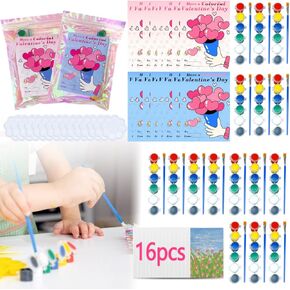 16 Pack Valentines Day Gifts Cards for Kids Class Valentine Exchange Classroom Gifts School Party Favors Watercolor Acrylic Paint Kit Set Valentines with Drawing Canvas Palette Brush Wishes Stickers