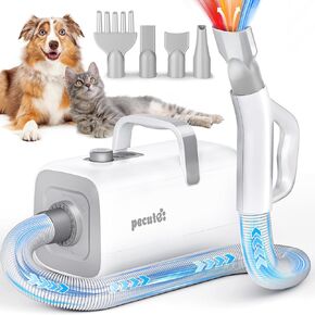 Pecute Dog Dryer with Cool-Warm-Hot Cycle Mode, High-Velocity Dog Hair Dryer, Dog Blow Dryer with Adjustable Speed & Temp, 4 Nozzles, Soft Noise Pet Dryer for Grooming, Heat Resistant Hose, 6.5ft Cord