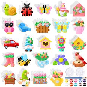 24 Pcs Spring Summer Ceramic Painting Kits Ready to Paint Your Own DIY Figurine Arts and Crafts Set Include Unpainted Paintable Ceramics with Brushes Palettes(Spring)