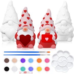 Poen 2 Pack Valentine's Day Ready to Paint Your Own Gnome Statues, 4 Inches Mini Blank Ceramics to Paint Unpainted Gnome Figurines Crafts DIY Arts for Sweet Valentine's Day Gifts (Heart Style)