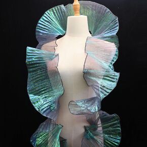 Ruffle Pleated Chiffon Trim Iridescent Fabric Ribbon Organza Sheer Ruffled Lace Trim for Dress Crafts Sewing (Iridescent White)