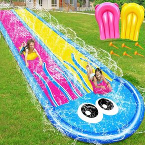 [ 3 Sided Safe Fence ] Jellyfish Lawn Water Slides with 2 Bodyboards for Kids Adults, Heavy Duty Water Toys Sprinkler 2 Race Lane Outdoor Summer Beach Swimming Pool Water Game Party, 18 x 5.6 ft