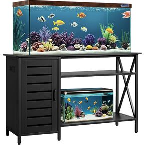 GUNJI 55-75 Gallon Aquarium Stand, Fish Tank Stand with Cabinets and Shelves, Aquarium Tank with Power Outlets, Heavy Duty Metal Turtle Tank 52 inch x 19.68 inch Desktop for 1200LBS Capacity (Black)