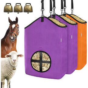 3 PCS Goat Hay Feeder,Hay Bags for Horses,Goats,Donkeys with Reinforced Oxford Fabric and High Strength Metal Clasp,Horse Feeding Supplies with Adjustable Strap for Easy Hanging (2Purple+1Grey)