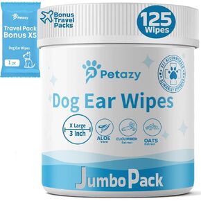 Dog Ear Wipes for Dog | Unscented Dog Ear Cleaner for Dogs | Remove Dirt Wax Itch Odor | Natural Cleaning Puppy Ear Wipes | Soothing Ear Wipes for Pets Cat | Organic Ingredients | 125 XL Pcs