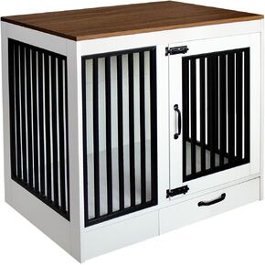 Rustic Brown Heavy Duty Furniture Dog Crate, Wood and Metal Kennel Cage, Pet House End Table with Drawer and Pull-Out Design, Dog Home for Indoor use, Large Size