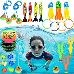 Diving Toys, 24 Pcs Pool Toys with Swim Thru Rings, Diving Rings, Pool Torpedo, Diving Gems, Diving Jellyfish, Diving Balls, 2 Balls Include, Summer Pool Games Pool Toys for Kids Ages 4-12